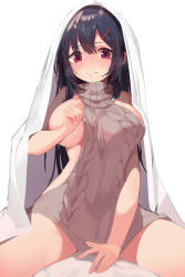 Rule 34 | 1girl, absurdres, aran sweater, black hair, blanket, blush, breasts, brown sweater, cable knit, closed mouth, clothing aside, commentary request, eyes visible through hair, hair ornament, hairclip, heart, heart-shaped pupils, highres, large breasts, long hair, looking at viewer, meme attire, munseonghwa, no bra, one breast out, original, purple eyes, sitting, solo, spread legs, sweater, symbol-shaped pupils, turtleneck, turtleneck sweater, under covers, virgin killer sweater
