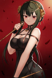 Rule 34 | 1girl, absurdres, bare arms, bare shoulders, black dress, black hair, breasts, commentary, dagger, dress, hairband, hand up, highres, holding, holding dagger, holding knife, holding weapon, knife, large breasts, looking at viewer, melreon, red background, red eyes, reverse grip, short hair with long locks, smile, solo, spy x family, stiletto (weapon), upper body, weapon, wristband, yor briar