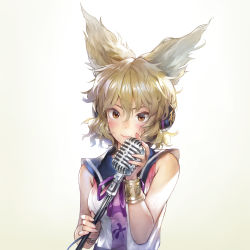 Rule 34 | 1girl, bare arms, bare shoulders, blonde hair, blush, bracelet, breasts, brown eyes, commentary request, copyright name, dated, earmuffs, grey background, hair between eyes, hand up, highres, holding, holding microphone, jewelry, looking at viewer, matsuda (matsukichi), medium breasts, microphone, neck ribbon, pointy hair, purple ribbon, ribbon, short hair, sleeveless, smile, solo, touhou, toyosatomimi no miko, upper body