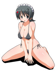 Rule 34 | 1girl, bare shoulders, barefoot, bikini, black eyes, blush, breast focus, breasts, cleavage, covered erect nipples, feet, hair between eyes, hair ornament, hairclip, iroha (samurai spirits), kneeling, large breasts, looking at viewer, maid, maid headdress, modeling, open clothes, open mouth, presenting, samurai spirits, shishimaru ken&#039;ya, short hair, side-tie bikini bottom, simple background, sitting, smile, swimsuit, thick thighs, thighs, white background