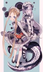 Rule 34 | 2girls, abigail williams (fate), abigail williams (festival outfit) (fate), apron, bags under eyes, black bow, black dress, blonde hair, blue background, blue eyes, blush, border, bow, braid, closed mouth, dress, fate/grand order, fate (series), forehead, french braid, frills, grey hair, grin, hair bow, highres, horns, lavinia whateley (fate), legs, long hair, long sleeves, looking at viewer, maid headdress, multiple girls, nakasaku-p, official alternate costume, pale skin, pantyhose, parted bangs, polka dot, polka dot bow, purple eyes, single horn, skirt, sleeves past fingers, sleeves past wrists, smile, striped clothes, striped legwear, striped pantyhose, stuffed animal, stuffed toy, teddy bear, tentacles, very long hair, waist apron, white border, white skirt, wide-eyed