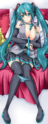 Rule 34 | 1girl, absurdres, aqua eyes, aqua hair, between breasts, boots, breasts, detached sleeves, hatsune miku, highres, large breasts, legs, long hair, necktie, open clothes, open shirt, panties, panty pull, pillow, sakura kanawo, shirt, sitting, skirt, solo, striped clothes, striped panties, thigh boots, thigh gap, thighhighs, thighs, twintails, underwear, very long hair, vocaloid