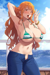 Rule 34 | 1girl, absurdres, ao banana, arm behind head, armpits, bikini, bikini top only, blue pants, blue sky, breasts, cloud, collarbone, cowboy shot, day, denim, fellatio gesture, green bikini, highres, jeans, large breasts, looking at viewer, nami (one piece), naughty face, navel, ocean, one piece, open fly, open mouth, orange eyes, orange hair, outdoors, pants, sky, solo, standing, swimsuit, tongue, tongue out, two-tone bikini, unbuttoned, white bikini