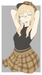 Rule 34 | 1girl, act-age, arms up, belt, black belt, blonde hair, breasts, brown hat, eyebrows, freckles, glasses, grey eyes, hat, highres, ina (gokihoihoi), long hair, looking at viewer, medium breasts, piercing, plaid, plaid headwear, plaid skirt, round eyewear, sanzaka nanao, skirt, solo, tongue, tongue out, tongue piercing, twintails, upper body