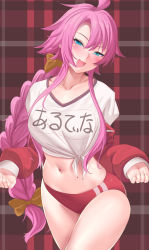 Rule 34 | 1girl, :d, ahoge, artina (disgaea), blue eyes, blush, bow, braid, breasts, brown bow, buruma, collarbone, commentary request, disgaea, gym shirt, gym uniform, hair between eyes, hair bow, head tilt, highres, jacket, long hair, long sleeves, looking at viewer, medium breasts, name tag, navel, off shoulder, open clothes, open jacket, open mouth, parted bangs, pink hair, plaid, plaid background, puffy long sleeves, puffy sleeves, ratsuku kinoko, red buruma, red jacket, shirt, single braid, sleeves past wrists, smile, solo, tied shirt, very long hair