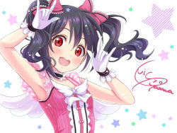 Rule 34 | 10s, 1girl, \m/, bad id, bad pixiv id, black hair, bow, character name, choker, double \m/, dress, gloves, hair between eyes, hair bow, idol, looking at viewer, love live!, love live! school idol project, nico nico nii, open mouth, red dress, red eyes, short hair, sleeveless, sleeveless dress, smile, solo, star (symbol), twintails, upper body, white gloves, wings, yazawa nico, yuuki (yukinko-02727)