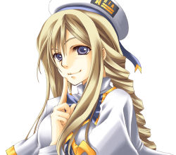 Rule 34 | 00s, 1girl, alicia florence, aria (manga), beret, blonde hair, blue eyes, braid, breasts, female focus, finger to mouth, hat, high collar, long hair, small breasts, smile, solo, uniform, white background, yuuna katsumi