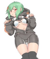 Rule 34 | 1girl, artist request, blush, breasts, digimon, green hair, hood, hoodie, jacket, looking at viewer, lying, medium breasts, navel, open clothes, open jacket, open mouth, red eyes, sexually suggestive, shinomiya rina, short shorts, shorts