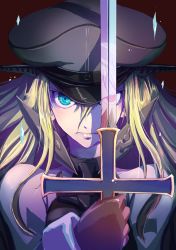 Rule 34 | 10s, 1girl, bismarck (kancolle), blonde hair, blue eyes, boushi-ya, cross, gloves, gradient background, hat, highres, holding, holding sword, holding weapon, iron cross, kantai collection, long hair, midway princess, peaked cap, red background, reflection, revision, sword, weapon