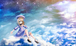 Rule 34 | 1girl, arm up, beret, black bow, black bowtie, black footwear, blue dress, blue eyes, blue hat, blush, bow, bowtie, brown hair, child, cloud, dress, female focus, frilled dress, frills, full body, haguruma rapt, hand on own chest, happy, hat, highres, jpeg artifacts, kumonoue yumemi, long hair, looking at viewer, open mouth, outdoors, outstretched arm, scenery, shiny skin, shoes, sitting, sky, smile, solo, star (sky), starry sky, swept bangs, teeth, tongue, virtual youtuber, yumemi channel
