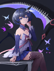 Rule 34 | 1girl, black background, bob cut, bug, butterfly, closed mouth, dress, hair ornament, highres, honkai (series), honkai impact 3rd, insect, looking at viewer, purple butterfly, purple dress, purple hair, purple sleeves, purple thighhighs, scythe, seele vollerei, seele vollerei (swallowtail phantasm), short hair, sitting, sleeveless, sleeveless dress, smile, solo, strapless, strapless dress, table, tattoo, thighhighs, weapon, yang zheng yu