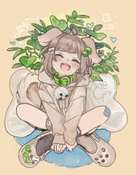 Rule 34 | 1girl, artist name, bandaid, blue carpet, blue rug, brown hair, child, closed eyes, crocs, crossed legs, freckles, girutea, highres, hoody, indie virtual youtuber, lily hopkins, plants, shorts, sitting, smile, solo, virtual youtuber