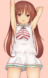 Rule 34 | 10s, 1girl, :p, armpits, arms behind head, arms up, brown eyes, brown hair, dark-skinned female, dark skin, dress, guanhian, highres, kantai collection, libeccio (kancolle), long hair, short dress, simple background, sleeveless, sleeveless dress, smile, solo, tongue, tongue out, twintails