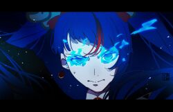Rule 34 | 1girl, aoi tete, asymmetrical bangs, blue eyes, blue fire, blue hair, blue theme, bow, closed mouth, cure sky, dark cure sky, diagonal bangs, earrings, fire, flaming eyes, floating hair, furrowed brow, hair bow, hair ornament, highres, hirogaru sky! precure, jewelry, letterboxed, logo, long hair, looking at viewer, magical girl, multicolored hair, portrait, precure, red bow, red hair, single sidelock, solo, sora harewataru, streaked hair, sweat, twintails