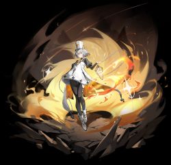 Rule 34 | 1girl, absurdres, alchemy stars, black background, black leggings, boots, chain, dress, fire, full body, gluteal fold, grey eyes, grey hair, hat, highres, holding, holding chain, huang jing zeqi, jacket, juliet sleeves, lantern, leggings, long sleeves, looking at viewer, nadine (alchemy stars), puffy sleeves, rock, shako cap, short dress, short hair, solo, sparkle, v-shaped eyebrows, white dress, white footwear, white hat