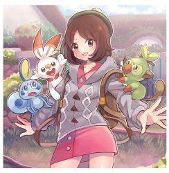 Rule 34 | 1girl, :d, backpack, bag, blush, brown bag, brown hair, cardigan, collarbone, collared dress, commentary request, creatures (company), dress, game freak, gen 8 pokemon, gloria (pokemon), green headwear, grey cardigan, grookey, hat, highres, kazuru wa, long sleeves, nintendo, open mouth, outstretched arms, pink dress, pokemon, pokemon (creature), pokemon on arm, pokemon swsh, scorbunny, short hair, smile, sobble, starter pokemon trio, tam o&#039; shanter, teeth, tongue, upper teeth only