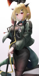 Rule 34 | 1girl, absurdres, arknights, black pantyhose, black shirt, black shorts, blonde hair, blush, breasts, commentary, dragon girl, dragon horns, dragon tail, green jacket, hair ornament, hairclip, halberd, highres, holding, holding polearm, holding weapon, horns, id card, infection monitor (arknights), jacket, kneeling, large breasts, looking at viewer, pantyhose, parted lips, pointy ears, polearm, red eyes, ribbon, shirt, short hair, shorts, simple background, solo, sthk, tail, torn clothes, torn pantyhose, vanilla (arknights), weapon, white background, yellow ribbon