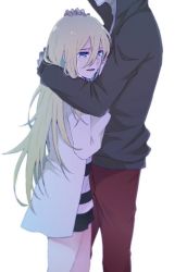 Rule 34 | 1boy, 1girl, bandaged hand, bandages, black shorts, black sweater, blonde hair, blue eyes, crying, crying with eyes open, from side, hair between eyes, hand on another&#039;s head, head out of frame, hood, hood up, hooded sweater, hug, isaac foster, jacket, long hair, mukkun696, open clothes, open jacket, open mouth, pants, rachel gardner, red pants, satsuriku no tenshi, shirt, short shorts, shorts, simple background, striped clothes, striped shirt, sweater, tears, very long hair, white background, white jacket
