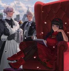 Rule 34 | 1girl, 2boys, absurdres, adam (nier:automata), apron, black dress, black gloves, black hair, black jacket, blue eyes, book, boots, closed mouth, cloud, collared shirt, cup, day, dress, eve (nier:automata), frilled apron, frills, glasses, gloves, grey vest, hairband, highres, holding, holding book, holding cup, jacket, maid, maid apron, maid headdress, multiple boys, necktie, nier, nier:automata, nier (series), on (isk1812), open book, open clothes, open jacket, outdoors, red dress, red eyes, red girl (nier), shirt, short hair, sitting, sky, vest, white apron, white hair, white shirt