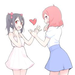 Rule 34 | 2girls, :d, black hair, blue skirt, bow, commentary, cowboy shot, dress, hair between eyes, hair bow, holding hands, hand on own cheek, hand on own face, heart, highres, jewelry, looking at viewer, looking back, love live!, love live! school idol project, multiple girls, nishikino maki, open mouth, orangyool, purple eyes, red bow, red eyes, red hair, ring, shirt, short sleeves, simple background, skirt, smile, sundress, twintails, wedding band, white background, white dress, white shirt, wife and wife, yazawa nico, yuri