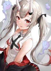 Rule 34 | 1girl, absurdres, bare shoulders, black bow, black jacket, black necktie, blouse, bow, collared shirt, commentary request, dutch angle, grey hair, hair bow, highres, hololive, horns, jacket, karma (nakiri ayame), lds (dstwins97), long hair, looking at viewer, multicolored hair, nakiri ayame, nakiri ayame (streetwear), necktie, oni, parted lips, red eyes, red hair, shiranui (nakiri ayame), shirt, sidelocks, skin-covered horns, sleeveless, sleeveless shirt, solo, streaked hair, torii, twintails, very long hair, virtual youtuber, white shirt