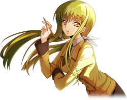 Rule 34 | 1girl, artist request, belt, black necktie, black skirt, breasts, buttons, c.c., code geass, code geass: lost stories, collared shirt, double-breasted, female focus, floating hair, game cg, green hair, hair ribbon, hand up, holding, holding pencil, jacket, leaning forward, long hair, long sleeves, looking at viewer, medium breasts, necktie, non-web source, official art, parted lips, pencil, ribbon, school uniform, shirt, sidelocks, simple background, skirt, solo, teeth, transparent background, twintails, white ribbon, white shirt, yellow eyes, yellow jacket