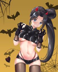 Rule 34 | 1girl, black gloves, black hair, black panties, black thighhighs, blue eyes, breasts, crop top, fate/grand order, fate (series), fishnet gloves, fishnets, gloves, halloween, halloween costume, highres, kariza, long hair, looking at viewer, navel, panties, parted bangs, shiny clothes, shiny skin, short shorts, shorts, side ponytail, small breasts, smile, solo, tank top, thighhighs, thighs, underboob, underwear, ushiwakamaru (fate), very long hair, yellow background, zipper