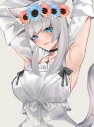 Rule 34 | 1girl, absurdres, armpit cutout, armpits, arms up, warrior of light (ff14), blue eyes, breasts, cat tail, choker, clothing cutout, facial mark, final fantasy, final fantasy xiv, grey hair, head wreath, highres, j.moon, long hair, looking at viewer, medium breasts, miqo&#039;te, slit pupils, solo, tail, upper body, whisker markings, white background