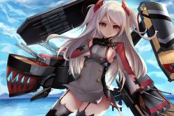 Rule 34 | 1girl, :q, azur lane, black gloves, black thighhighs, blue sky, breasts, brown eyes, closed mouth, cloud, cloudy sky, commentary request, cross, day, dress, garter straps, gloves, grey dress, hair between eyes, hand on own chest, hand up, highres, iron cross, karin (fineyanny), long hair, long sleeves, machinery, medium breasts, ocean, outdoors, prinz eugen (azur lane), sideboob, silver hair, sky, smile, solo, thighhighs, tongue, tongue out, two side up, very long hair, water, wide sleeves