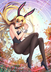 Rule 34 | 1girl, :o, adsouto, ahoge, animal ears, asia argento, ass, autumn leaves, backlighting, bare arms, bare shoulders, black bow, black footwear, black hairband, black leotard, black nails, blonde hair, blush, bow, bowtie, breasts, brown pantyhose, detached collar, elbow gloves, fake animal ears, fake tail, floating, full body, gloves, green eyes, hairband, high heels, high school dxd, highres, leaf, leotard, long hair, looking at viewer, medium breasts, nail polish, open mouth, own hands clasped, own hands together, pantyhose, parted bangs, playboy bunny, rabbit ears, rabbit tail, signature, sky, solo, strapless, strapless leotard, sunlight, tail, thighs, v-shaped eyebrows, very long hair
