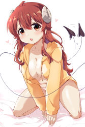 Rule 34 | 1girl, absurdres, breasts, commentary request, curled horns, demon girl, demon horns, demon tail, heart, highres, horns, jacket, long hair, long sleeves, looking at viewer, machikado mazoku, medium breasts, mukaibi aoi, navel, open clothes, open jacket, panties, red eyes, red hair, simple background, solo, tail, tail wagging, underwear, white background, white panties, yellow jacket, yoshida yuuko (machikado mazoku)