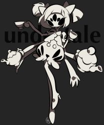 Rule 34 | 1girl, arthropod girl, bow, bubble skirt, copyright name, cup, extra arms, extra eyes, fangs, greyscale, hair bow, insect girl, monochrome, monster girl, muffet, sameyama jiro, skirt, solo, spider girl, teacup, teapot, twintails, two side up, undertale