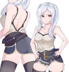 Rule 34 | 1girl, ass, breasts, cleavage, collarbone, contrapposto, fire emblem, fire emblem awakening, grimmelsdathird, hands on own hips, highres, medium breasts, nintendo, purple eyes, robin (female) (fire emblem), robin (fire emblem), solo, tank top, thighhighs, thighs, twintails, twitter username, white background, white hair
