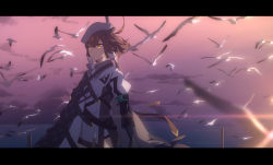 Rule 34 | 1girl, ahoge, arknights, beret, bird, bird girl, blurry, brown hair, chinese commentary, cloak, closed mouth, cloud, cloudy sky, cowboy shot, dadijiji, day, depth of field, expressionless, feather hair, flock, hat, highres, letterboxed, outdoors, plume (arknights), purple sky, shirt, short hair, sky, solo, white hat, white shirt, yellow eyes