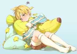 Rule 34 | 1boy, absurdres, banana, banana-shaped pillow, blonde hair, blue eyes, blue sweater, blush, brown pants, closed mouth, food, fruit, highres, hmniao, kagamine len, light blue background, long sleeves, male focus, multicolored sleeves, hugging object, pants, pillow, sick, sleeves past fingers, sleeves past wrists, socks, solo, sweater, unhappy, vocaloid, white socks, white sweater