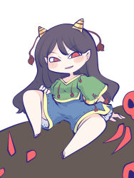 Rule 34 | 1girl, blue shorts, blush, brown hair, chahan (fried rice0614), full body, geta, green shirt, highres, horns, long hair, looking at viewer, nippaku zanmu, open mouth, pom pom (clothes), red eyes, red footwear, shirt, shorts, simple background, sitting, skull, smile, solo, touhou, unfinished dream of all living ghost, white background