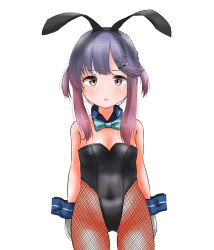 Rule 34 | 1girl, alternate costume, animal ears, aqua bow, aqua bowtie, blush, bow, bowtie, closed mouth, detached collar, fake animal ears, gloves, highres, kantai collection, leotard, looking at viewer, multicolored hair, pantyhose, pink hair, playboy bunny, purple hair, rabbit ears, short hair with long locks, simple background, solo, tama (tamago), tsushima (kancolle), white background, white gloves, yellow eyes