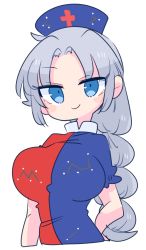 Rule 34 | blue dress, blue eyes, blue hat, braid, breasts, collared dress, constellation, constellation print, cross, dress, frilled dress, frills, grey eyes, hat, highres, large breasts, long hair, multicolored clothes, multicolored dress, nurse cap, op na yarou, puffy short sleeves, puffy sleeves, red cross, red dress, short sleeves, silver hair, single braid, smile, solo, touhou, yagokoro eirin