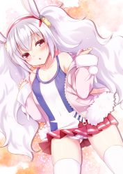 Rule 34 | 1girl, animal ears, azur lane, bare shoulders, blush, camisole, collarbone, commentary request, dutch angle, gluteal fold, hair between eyes, hair ornament, hairband, jacket, laffey (azur lane), long hair, long sleeves, looking at viewer, minakami rinka, off shoulder, open clothes, open jacket, panties, parted lips, pink jacket, pleated skirt, rabbit ears, red eyes, red hairband, red skirt, silver hair, skirt, solo, striped clothes, striped panties, thighhighs, twintails, underwear, very long hair, white camisole, white thighhighs