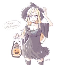 Rule 34 | 1girl, black dress, black hat, black thighhighs, blonde hair, breasts, cleavage, cowboy shot, dress, grey eyes, halloween, halloween costume, hat, highres, hornet (kancolle), jack-o&#039;-lantern, kantai collection, lantern, large breasts, long hair, open mouth, sarashi, simple background, solo, tatahai, thighhighs, white background, witch hat