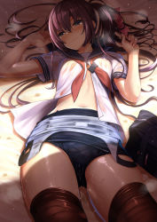 Rule 34 | 1girl, arm at side, bad id, bad tumblr id, bed, bed sheet, black thighhighs, blush, breasts, closed mouth, collarbone, commentary, covered erect nipples, cowboy shot, dobunezumi, english commentary, green eyes, highres, indoors, long hair, looking at viewer, lying, medium breasts, navel, nipples, on back, on bed, one-piece swimsuit, open clothes, open shirt, original, ponytail, purple hair, school swimsuit, school uniform, see-through, serafuku, serious, shiny clothes, shiny skin, shirt, solo, sunlight, sweat, sweatdrop, swimsuit, unworn swimsuit, swimsuit under clothes, tears, thighhighs, thighs, wet, wet clothes, wet shirt