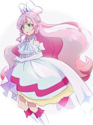 Rule 34 | 1girl, :o, blush, bow, commentary request, cure prism, dress, earrings, elbow gloves, eyelashes, fpminnie1, gloves, green eyes, hair bow, hair ornament, highres, hirogaru sky! precure, jewelry, long hair, looking at viewer, magical girl, nijigaoka mashiro, pink hair, precure, simple background, solo, standing, white background, white dress, white gloves