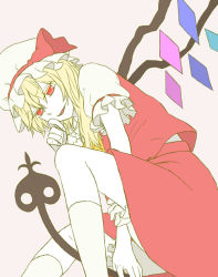 Rule 34 | 1girl, ascot, bad id, bad pixiv id, blonde hair, female focus, flandre scarlet, hand on another&#039;s face, hand on own face, hat, hat ribbon, hiramoto (yamadaiwa), kneehighs, laevatein, ribbon, skirt, socks, solo, touhou, wings
