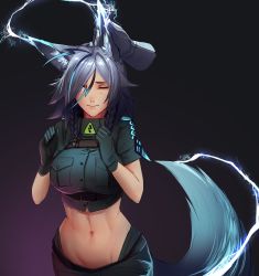Rule 34 | 1girl, 3;, abs, adapted costume, ahoge, animal ear fluff, animal ears, black gloves, blue electricity, blue eyes, blue hair, braid, breast pocket, breasts, clenched hands, commentary, cowboy shot, crop top, disembodied limb, ear fondling, electricity, energy, gloves, gradient background, groin, hair between eyes, hair over one eye, hands up, headpat, highres, large breasts, less, lightning, lightning ahoge, looking at viewer, midriff, military, military uniform, monster girl encyclopedia, navel, one eye closed, pocket, purple background, raiju (monster girl encyclopedia), short sleeves, solo focus, tail, twin braids, uniform, wavy mouth, white electricity