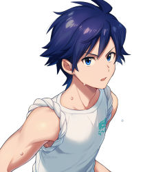 Rule 34 | 1boy, asada hachi, blue eyes, blue hair, character request, check character, clothes writing, commentary request, idolmaster, idolmaster side-m, looking at viewer, male focus, open mouth, short hair, simple background, solo, sweat, taiga takeru, tank top, twitter username, upper body, watermark, white background, white tank top
