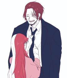 Rule 34 | 1boy, 1girl, age difference, alternate hairstyle, choko egg, facial hair, father and daughter, formal, highres, long hair, looking at another, manly, multicolored hair, one piece, one piece film: red, red hair, scar, scar across eye, shanks (one piece), short hair, simple background, size difference, smile, standing, two-tone hair, uta (one piece), very long hair, white background