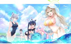 Rule 34 | 5girls, ahoge, animal ears, ayane (blue archive), ayane (swimsuit) (blue archive), bare shoulders, bikini, black bikini, black hair, blue archive, blue eyes, breasts, cat ears, cleavage, collarbone, competition swimsuit, dano, extra ears, glasses, green eyes, hair between eyes, hair ornament, hair ribbon, halo, hat, heterochromia, highres, hoshino (blue archive), hoshino (swimsuit) (blue archive), large breasts, light brown hair, long hair, looking at viewer, multiple girls, navel, nonomi (blue archive), nonomi (swimsuit) (blue archive), official alternate costume, one-piece swimsuit, open mouth, outdoors, pink hair, pointy ears, red-framed eyewear, red eyes, ribbon, serika (blue archive), serika (swimsuit) (blue archive), shiroko (blue archive), shiroko (swimsuit) (blue archive), short hair, side-tie bikini bottom, sideboob, stomach, striped bikini, striped clothes, sun hat, swimsuit, twintails, white headwear, wolf ears, yellow bikini, yellow eyes
