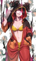 Rule 34 | 1girl, aduti momoyama, alternate color, asymmetrical bangs, black hair, bra, breasts, capcom cup, commentary request, fingernails, full-length zipper, glowing, glowing eyes, gold bra, grin, hair over one eye, hair through hood, han juri, hand in pocket, highres, holding, holding trophy, hood, hood up, looking at viewer, medium breasts, multicolored hair, nail polish, official alternate costume, official alternate hairstyle, onesie, red eyes, red hair, red lips, red nails, short hair, short twintails, smile, solo, strapless, strapless bra, streaked hair, street fighter, street fighter 6, trophy, twintails, two-tone hair, underwear, unzipped, zipper