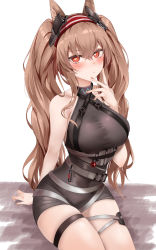 Rule 34 | 1girl, angelina (arknights), angelina (distinguished visitor) (arknights), animal ears, arknights, bare arms, bare shoulders, black choker, black shorts, bodysuit, breasts, brown hair, choker, covered navel, hairband, hand up, heart, heart-shaped pupils, highres, large breasts, long hair, looking at viewer, official alternate costume, red eyes, ru zhai, short shorts, shorts, sitting, solo, strap, symbol-shaped pupils, taut clothes, thigh strap, thighs, twintails, white background