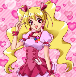 Rule 34 | 00s, 1girl, :d, blonde hair, bow, choker, cure peach, dress, earrings, eyelashes, fresh precure!, frills, hair ornament, hairpin, hamutarou, happy, heart, heart hair ornament, jewelry, long hair, magical girl, momozono love, open mouth, pink bow, pink eyes, precure, ribbon, smile, solo, twintails, wrist cuffs